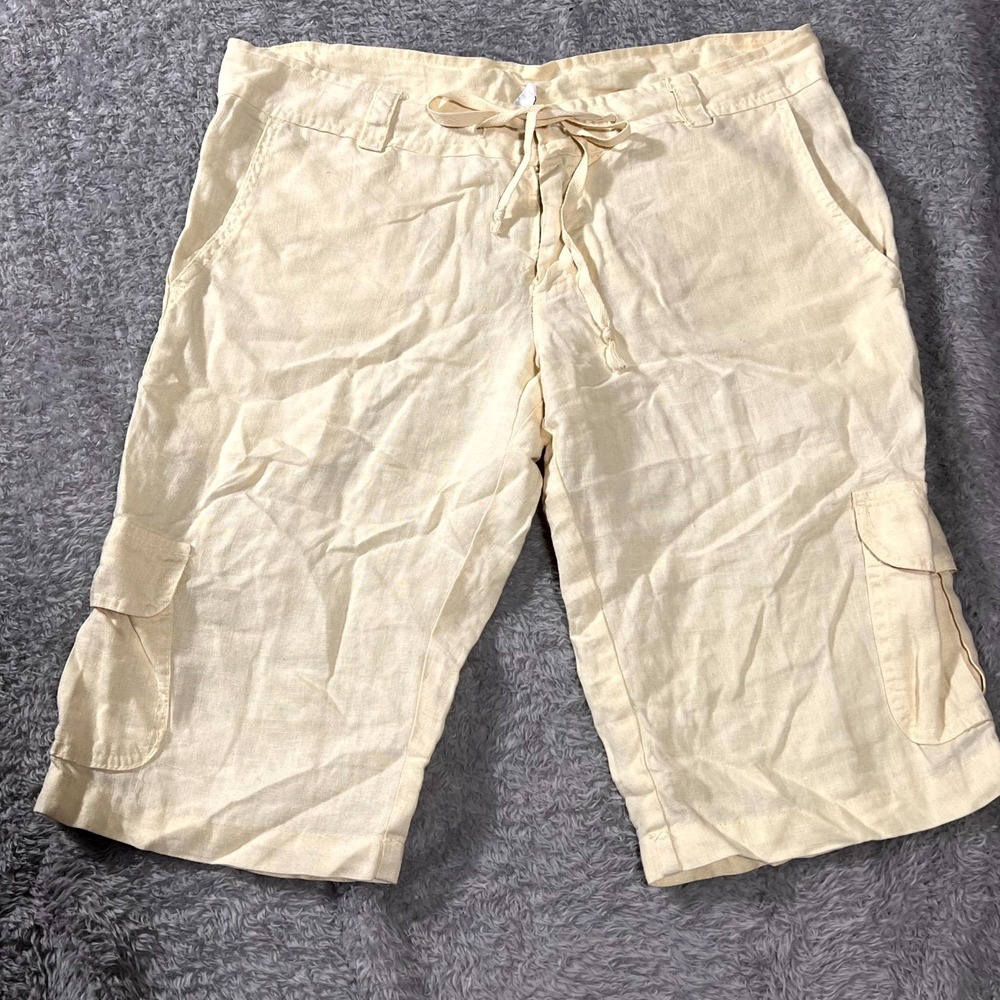 Allen Allen Cargo Shorts Womens Small Beige Linen Flat Front Drawstring Casual